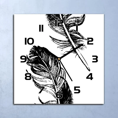Horloge Murale En Verre moderne Plume noir et blanc oiseau 30x30 - Photo 1/4