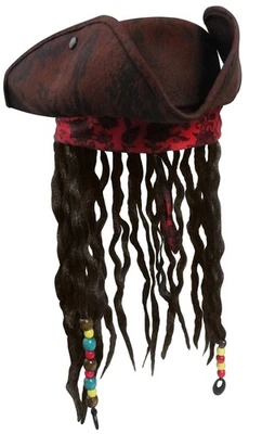 Adult Distressed Brown Pirates Caribbean Costume Tricorn Hat With Hair Dreadlock - Image 1 of 4