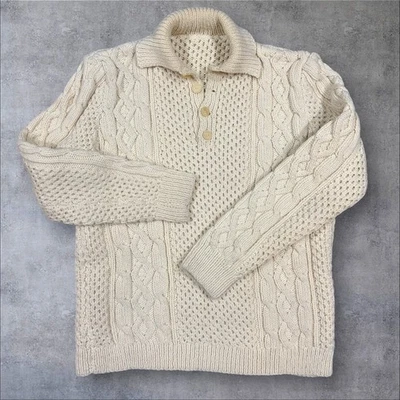 Suéter tejido a mano Aran Fisherman para hombre grande mezcla de lana crema tejido con cable Henley Foto 1 de 4