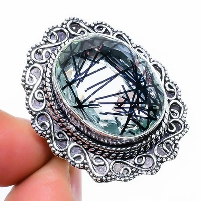Black Rutile Gemstone Handmade 925 Sterling Silver Jewelry Ring Size 7 - Image 1 of 4
