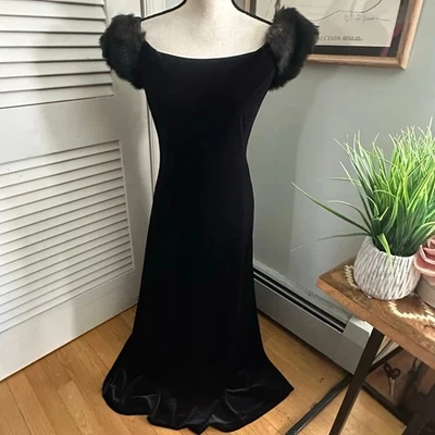 Vintage PATRA Dress Womens 12 Black Velvet Gown Faux Fur Sleeve Retro 80s Glam - Image 1 of 4