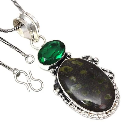 Necklace Green Dot Jasper Chrome Diopside Handmade Jewelry 2.5" - Image 1 of 4