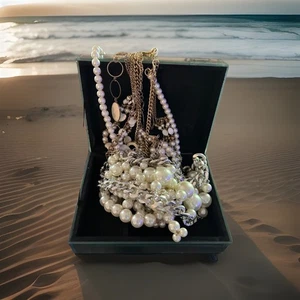 Vintage Faux Pearl Statement Necklace Lot Costume Jewelry Gold Silver Tone w/Box - Picture 1 of 16