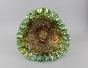 Millersburg Green Carnival Glass Ruffled Fleur De Lis Compote Bowl Floral - Picture 1 of 13