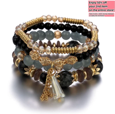 Stack Layering Beads Wrap Bracelet W/ Charms Bohemian Stretch Multi-Color Unisex - Image 1 of 4