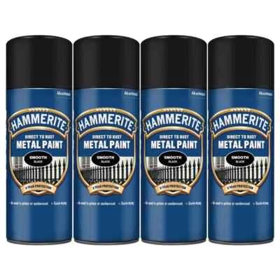 4 x Hammerite BLACK 400ml Direct To Rust Smooth Quick Drying Spray Paint - Image 1 of 4