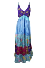 Womens Maxi Dress, Recycle Sari Handmade Dresses, Summer Halter Blue Dresses S/M