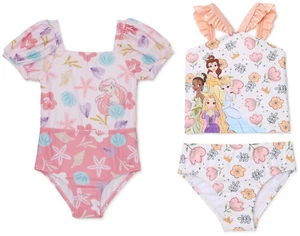 Girls Disney Princess Ariel Little Mermaid One Piece Puff Sleeve Swimsuit 12M - Picture 1 of 7