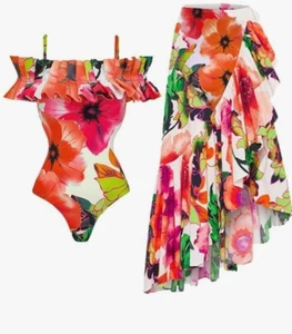 NWTS Floral One-Piece Swimsuit/Cover up Wrap Skirt Sarong Bathing Suit Sz XL - Picture 1 of 10