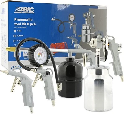 ABAC TUBO, AEROGRAFO, PISTOLA ARIA, PNEUMATICI, LAVAGGIO Kit 8 pezzi per compressore.