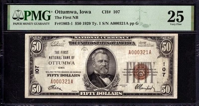 1929 $50 FIRST NATIONAL BANK NOTE CURRENCY OTTUMWA IOWA LADDER SERIAL PMG VF 25 - Image 1 of 4
