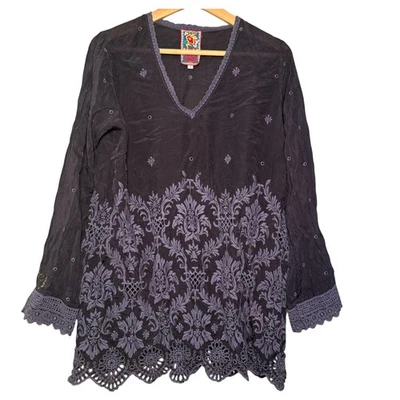 Johnny Was 海军蓝刺绣束腰上衣 Cupro 人造丝蕾丝下摆女式尺寸 S(按原样) — 第 1/4 张图片