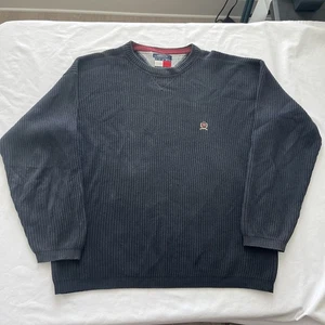 VINTAGE Tommy Hilfiger Sweater Mens L Rib Knit Navy Blue Crewneck Pullover Y2K - Picture 1 of 9