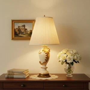 Vintage Hollywood Regency Cream, Red & Gold Urn Lamp 27" MCM Ceramic Table Lamp - Picture 1 of 17