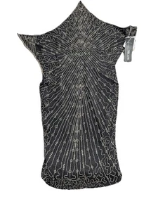 Abito Mes Ami in seta con perline 14 nero oro lunghezza tè bodycon - Foto 1 di 21