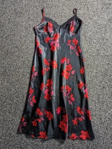 BHS Slip Dress Size 14 Black Red Floral Lace Satin Midi Cami Nightie Whimsical - Picture 1 of 6