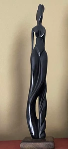 Vintage Dark EBONY 15" Wood Mid Century Hand Carved Sculpture Female Mod Figure - Picture 1 of 17