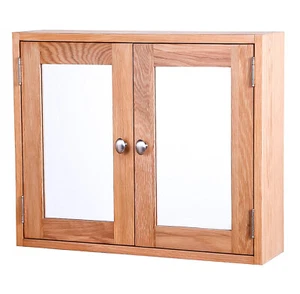Bathroom Cabinet, Oak Wood Wall Mounted Cupboard with Mirror, Storage Organiser - Picture 1 of 8