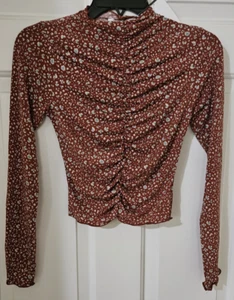 Lush  Sz S, Rust.Aqua,Cream, L/S gathered front and  mock-neck, top    NWT $42 - Picture 1 of 7