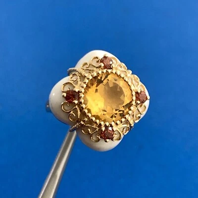 Anillo llamativo de diseño de oro amarillo de 14 quilates citrino naranja turmalina ágata blanca Foto 1 de 4