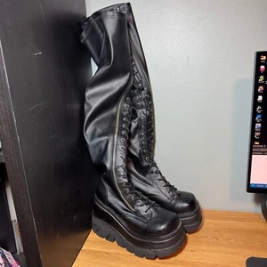Demonia Shaker 374 Wedge Platform Lace Up Thigh High Zip Boots Black Sz 9 Goth - Picture 1 of 9