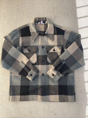 Woolrich Men's Wool Shirt LARGE Gray Blue Beige Black Plaid Jac CPO VTG - Image 1 of 4