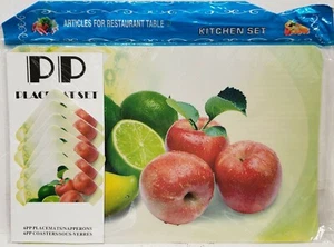 12 pc Thin Plastic Kitchen Set: 6 PLACEMATS & 6 COASTERS, RED & GREEN APPLES - Picture 1 of 10