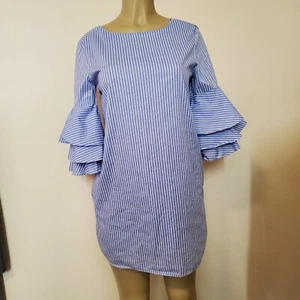 Zara Womens Dress Blue Striped Medium Ruffled Sleeves Tunic Shift Dress Pockets - Picture 1 of 10