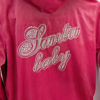 Vintage 90s Victoria's Secret Santa Baby Pink Velour Jacket w/ Faux Fur Hood - Image 1 of 4