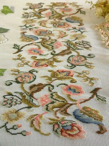 Huge Antique Vintage Full Blooming Jacobean Floral Preworked Needlepoint Canvas - Picture 1 of 7