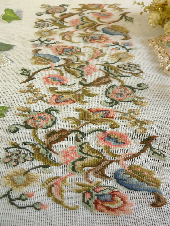 Huge Antique Vintage Full Blooming Jacobean Floral Preworked Needlepoint Canvas - Image 1 of 4
