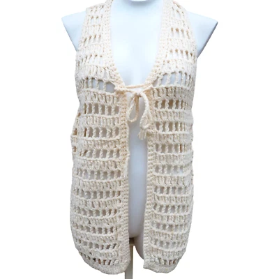 Vintage Crochet Knit Sweater Vest Neck Tie Cream Womens Size M - Image 1 of 4