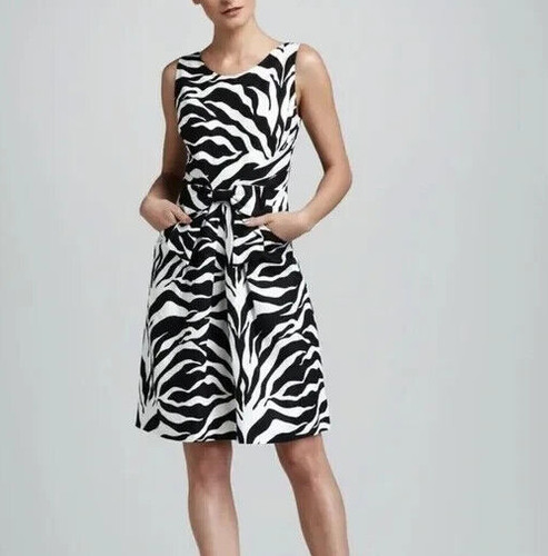 Abito donna KATE SPADE Jillian stampa zebrata senza maniche lino fiocco taglia 0