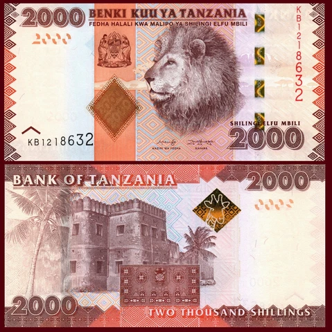 Tanzania P42c?, 2000 Shilingi, male lion / Zanzibar fort, giraffe UNC 2022 Cover