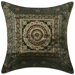 Decorative Brocade Chair Cushions Green 16 x 16 Inch Mandala Pillow Covers - Picture 1 of 3