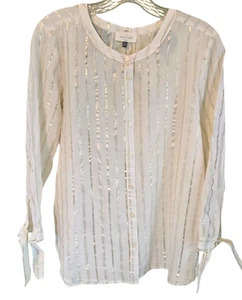 Ann Taylor LOFT Shimmer Stripe Softened Shirt Tie Cuffs Round Neckline NEW - Picture 1 of 7