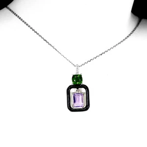 925 Sterling Silver Necklace Octagon Amethyst Chrome Diopside Gemstone Jewelry - Picture 1 of 10