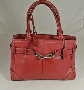 Vintage Coach Handbag Purse Red Leather Buckle Tote Silver Hardware 2 Handle Zip - Picture 1 of 11