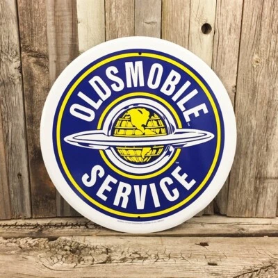 Oldsmobile Service Olds Rocket V8 Metal Tin Round Sign 12" Garage Vintage New - Image 1 of 2