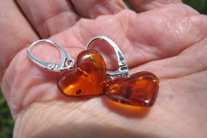 Amber earrings Sterling solid heart shaped 925 Sterling Silver Lithuanian small - Picture 1 of 12