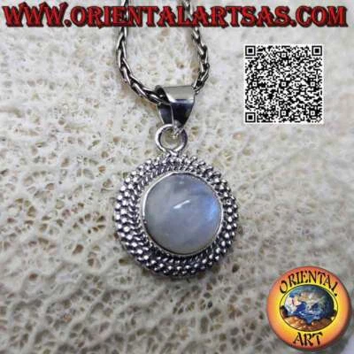 Ciondolo in argento 925‰ pietra di luna arcobaleno tonda cabochon contornata da  - Immagine 1 di 4