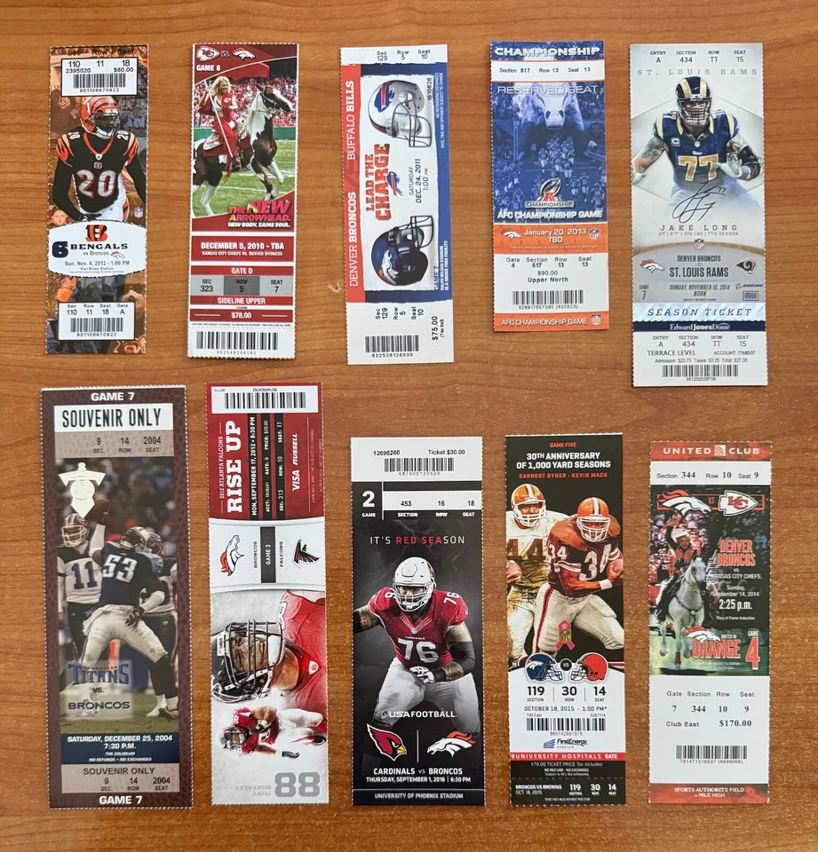 LOT of 10 - DENVER BRONCOS NFL FULL FOOTBALL TICKET TICKETS - Image 1 of 1