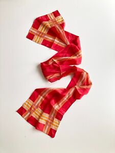 Vintage ANNE KLEIN Red Yellow Striped Check Silk 52" x 9.5" Rectangle Scarf