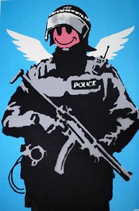 Banksy Flying Copper Smiley Face Armed Police 2003 Poster Wall Art Picture A4 + - Picture 1 of 2