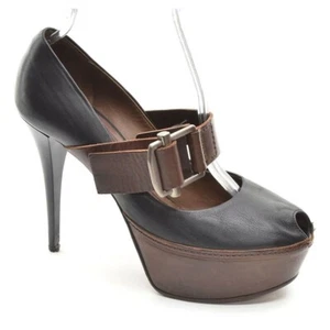 MARNI Brown Black Leather Buckle Peep Toe Platform Pumps Size 37 - Picture 1 of 12