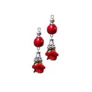 Earrings red lampwork flower and pearl drop, choose clip on or pierced - Picture 1 of 5