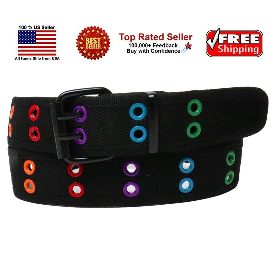 Black 2 Holes Row Rainbow Grommet Stitched Canvas Fabric Military Web Belt - Image 1 of 1