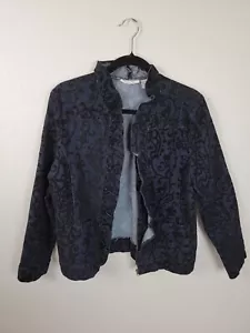 Tantrums - Taglia L - Giacca in denim elasticizzata blu scuro con stampa velluto nero - Foto 1 di 7