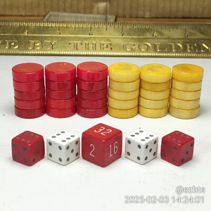 Bakelite Catalin 3/4" Backgammon chips Magnetic red yellow cream swirl Dice SetB - Picture 1 of 6