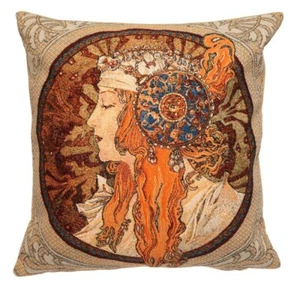 ALPHONSE MUCHA ROUSSE BLONDE BYZANTINE 18" BELGIAN TAPESTRY CUSHION COVER, 6007 - Picture 1 of 5